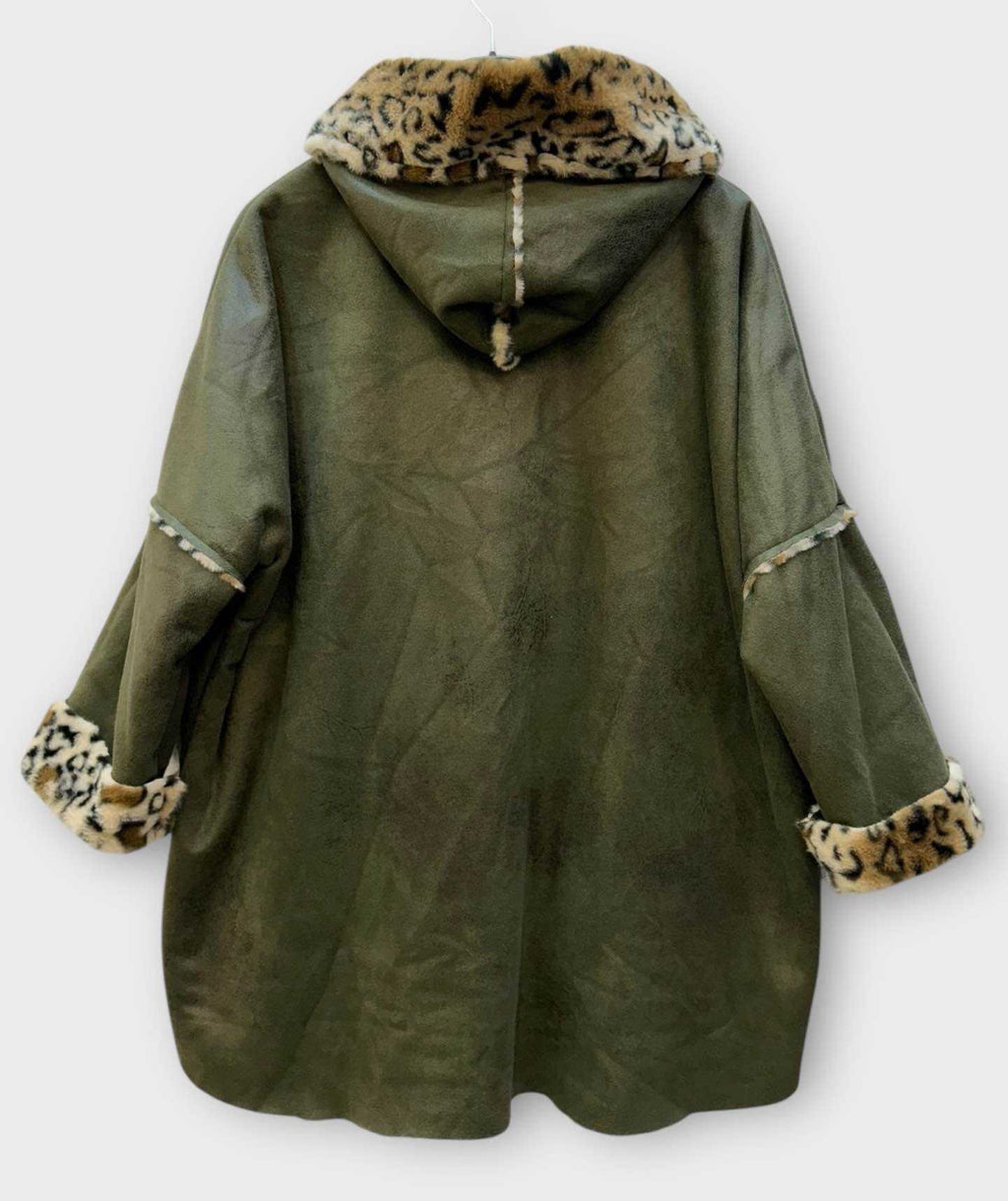 SB44 Khaki Leopard Trim Hooded Coat