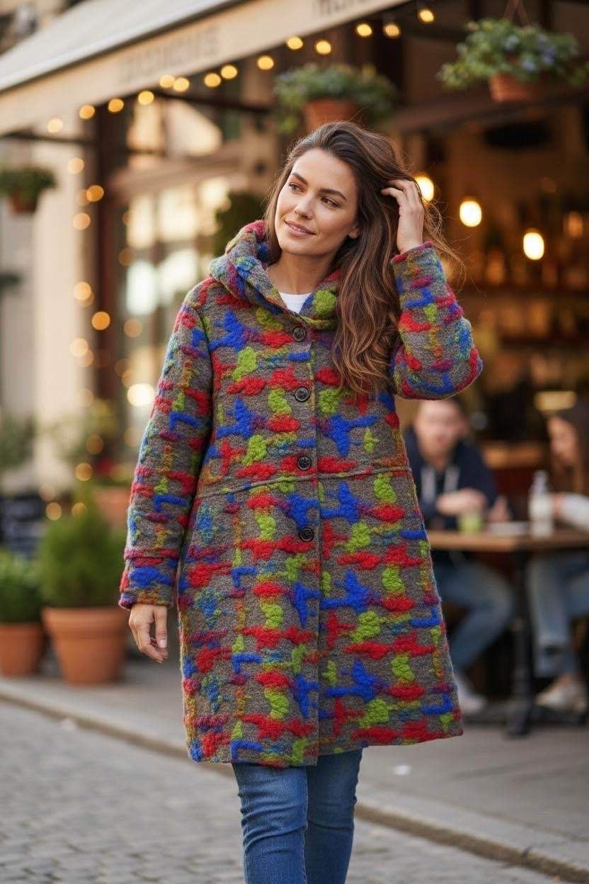 SB35 Grey Multicolor Hooded Wool Coat