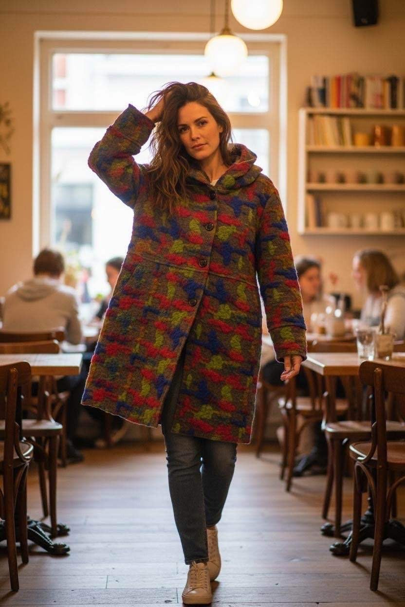 SB35 Grey Multicolor Hooded Wool Coat
