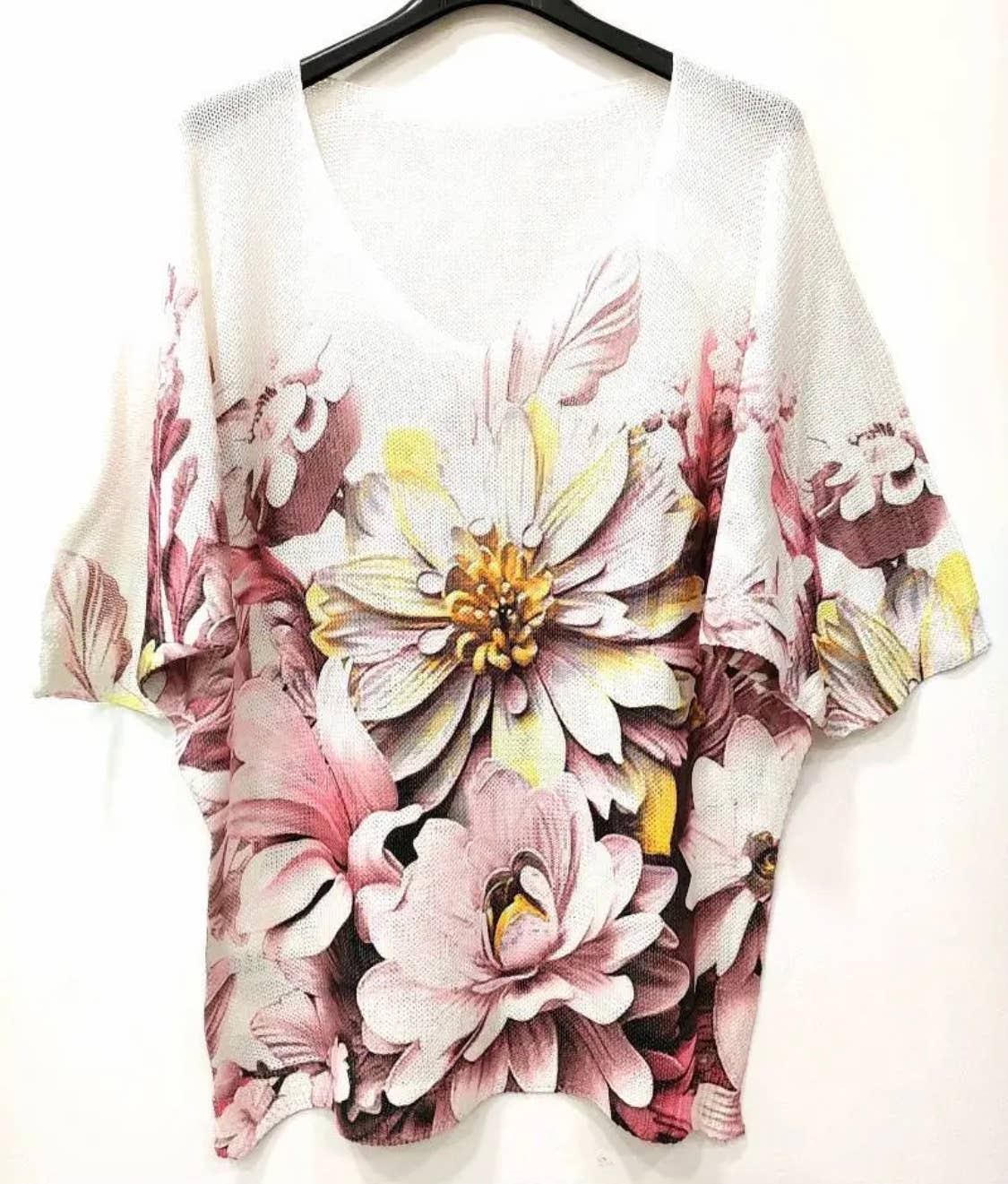 R22 Plum Floral  V-Neck Knit Printed Short Sleeves Sweater