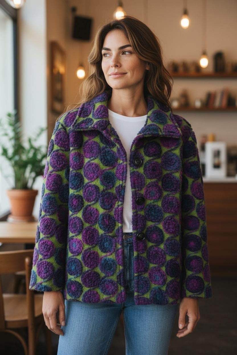 SB18 Apple Green Purple Circle Motif Short Coat