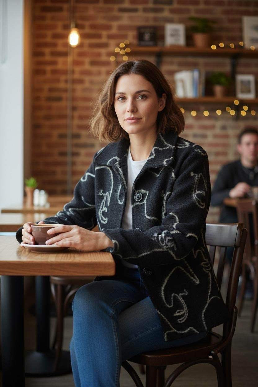 SB21 Black Beige Line Art Short Coat