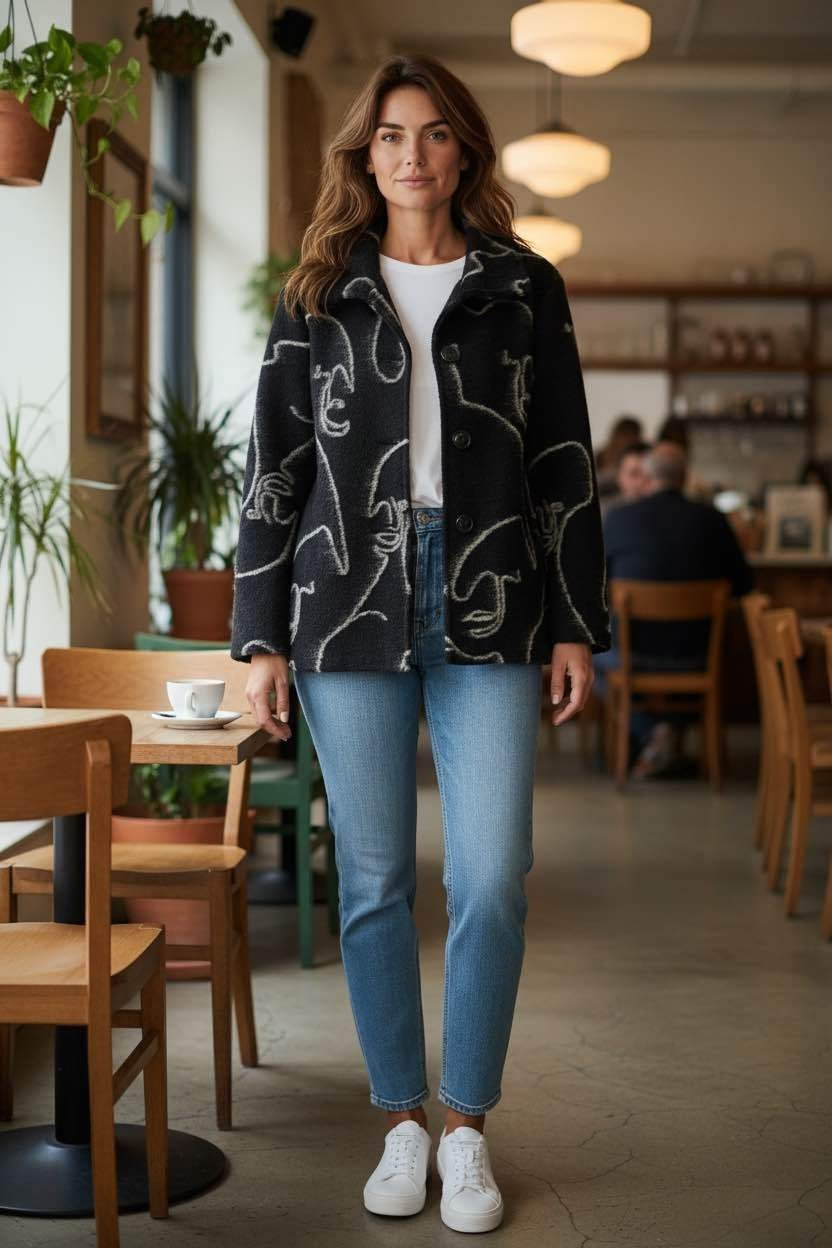 SB21 Black Beige Line Art Short Coat