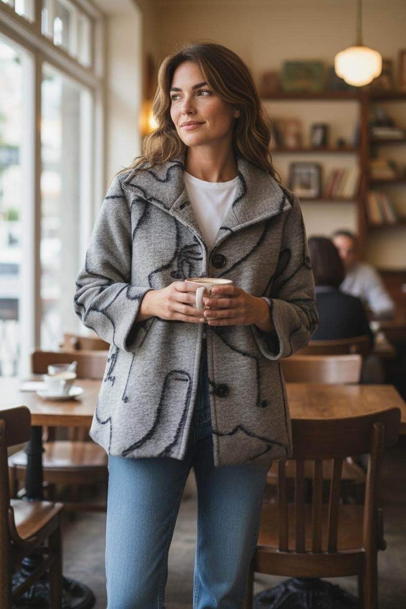 SB22 Grey Black Line Art Short Coat