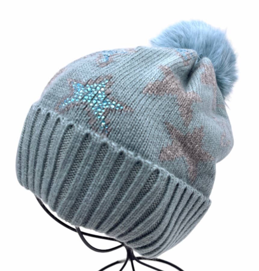 BO818 Blue Stars w/ Fake Fur Pom Beanie Hat LOOWIE