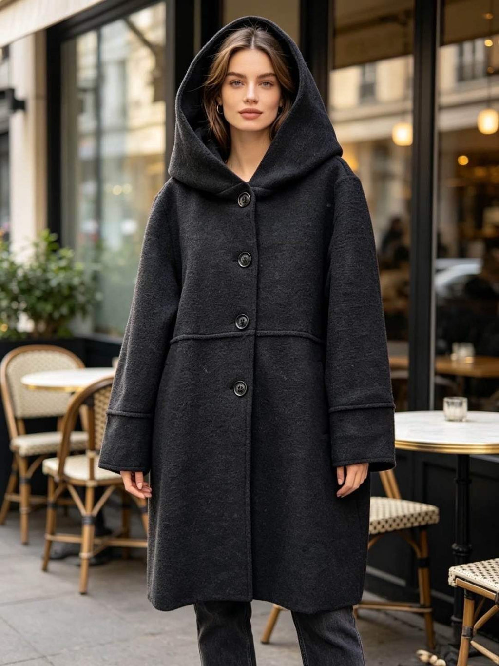 SB29 Black Hooded Wool Coat