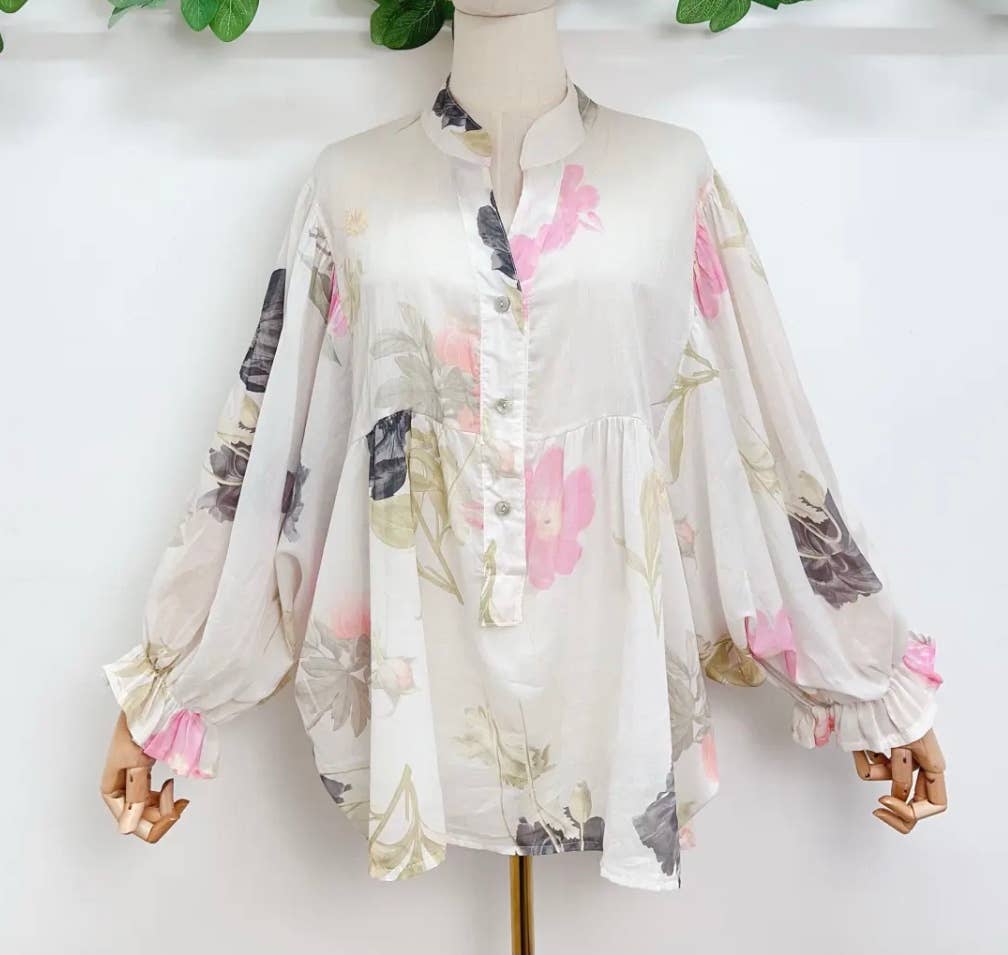 SV31 White Black Italian Floral Cotton Blouse Button Shirt