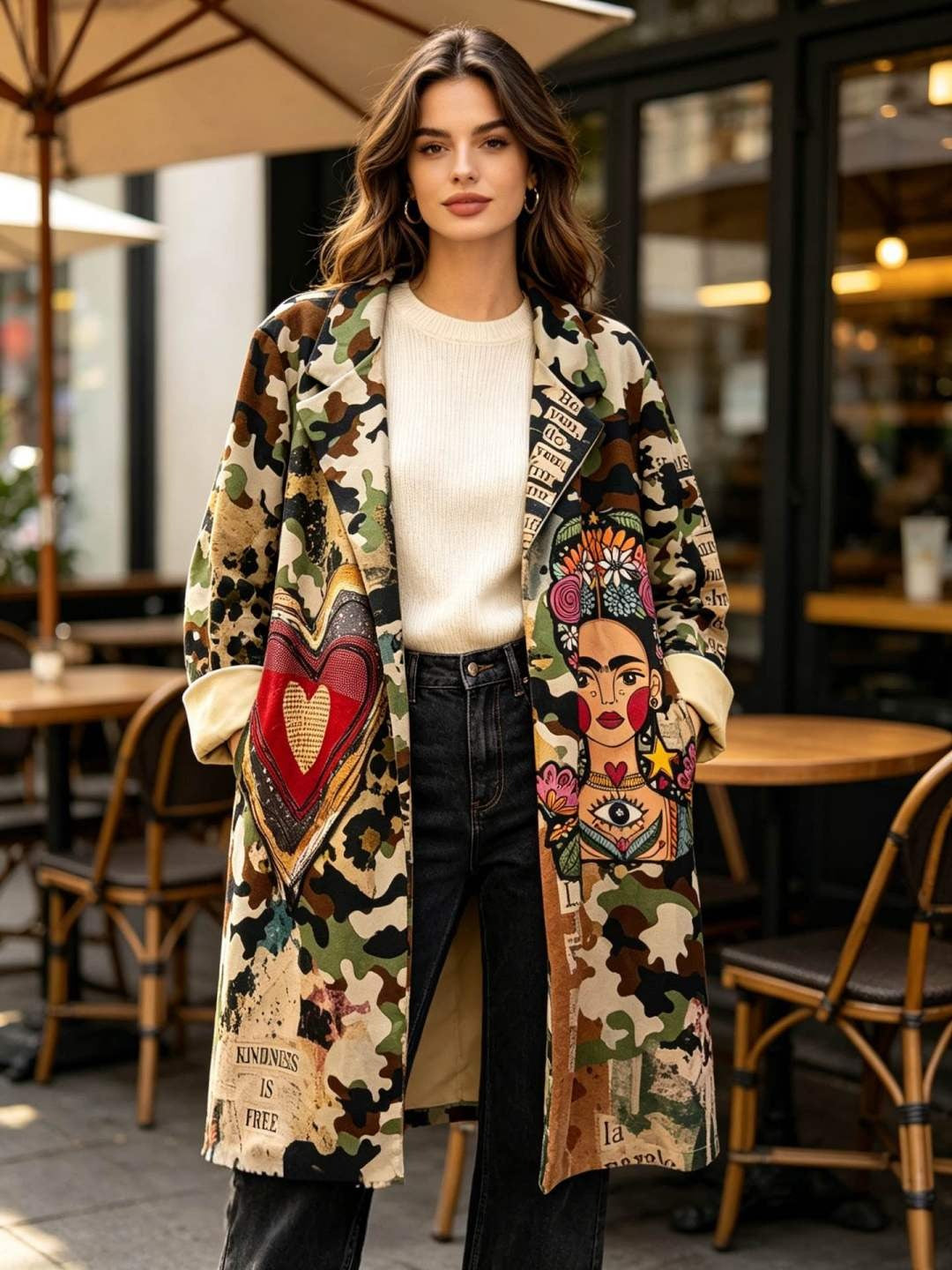 SB8 Khaki Heart Print Duster Coat