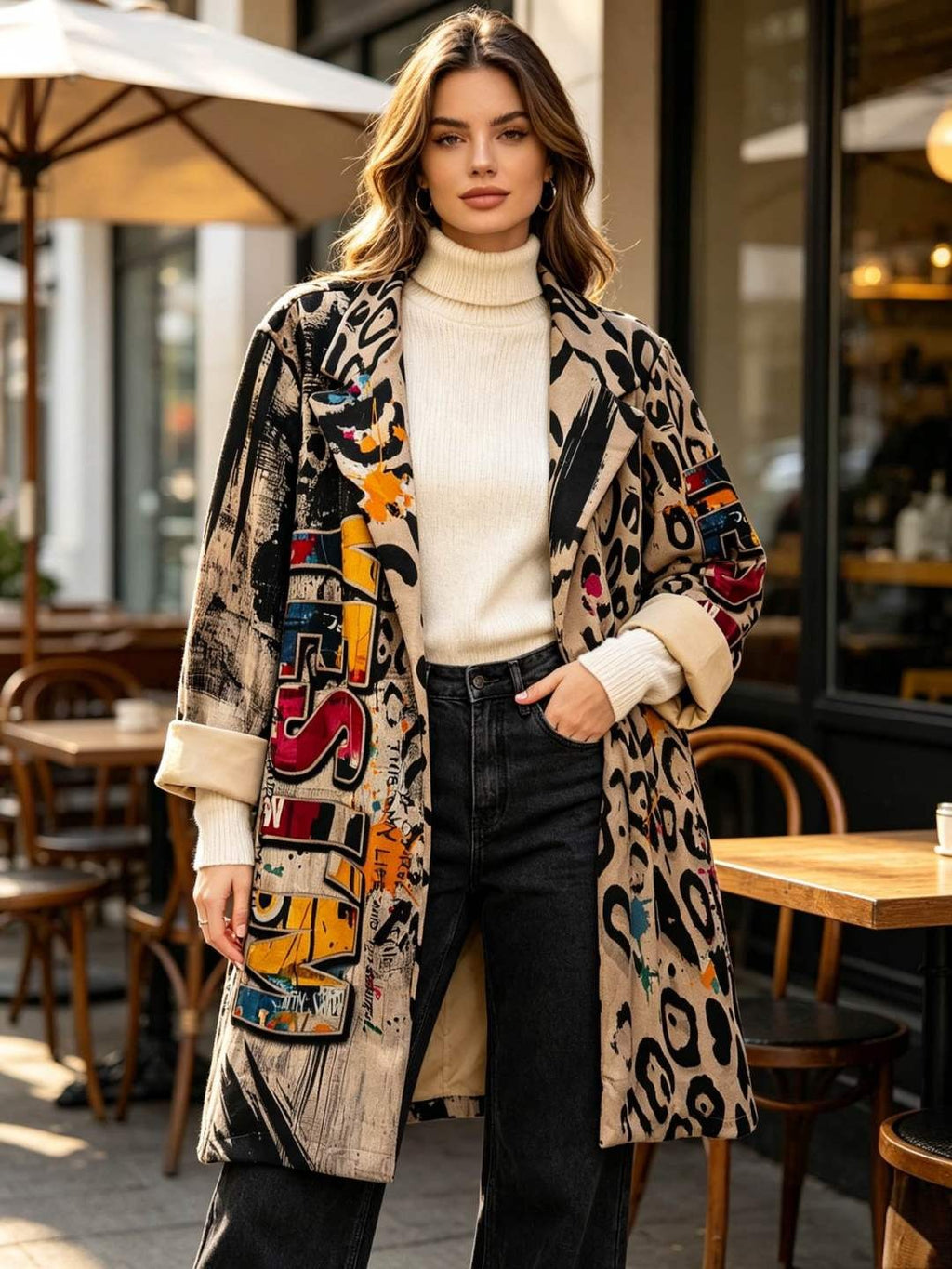 SB9 Beige Graffiti Print Duster Coat