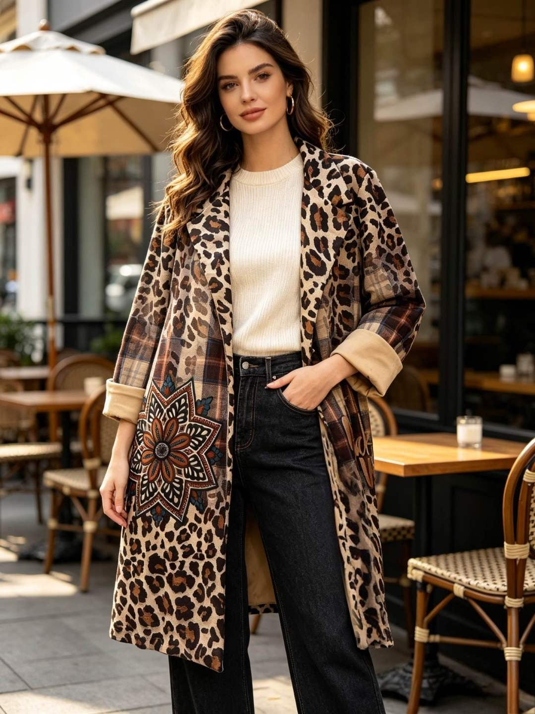 SB10 Brown Leopard Plaid Duster Coat
