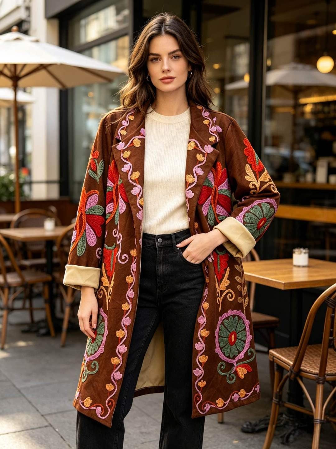 SB12 Terracotta Folk Floral Duster Coat