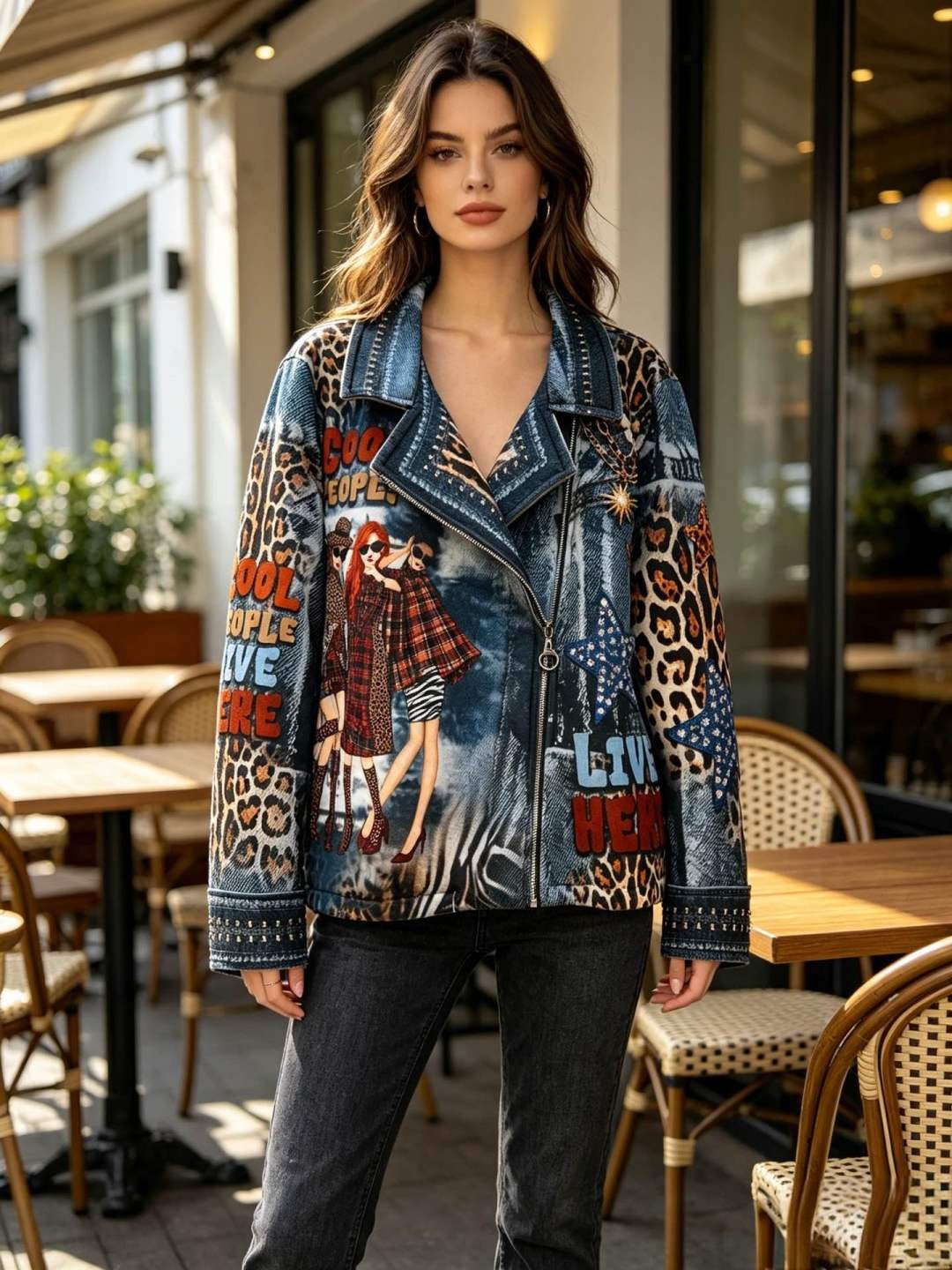 SB3 Denim Blue Rust Patchwork Moto Jacket