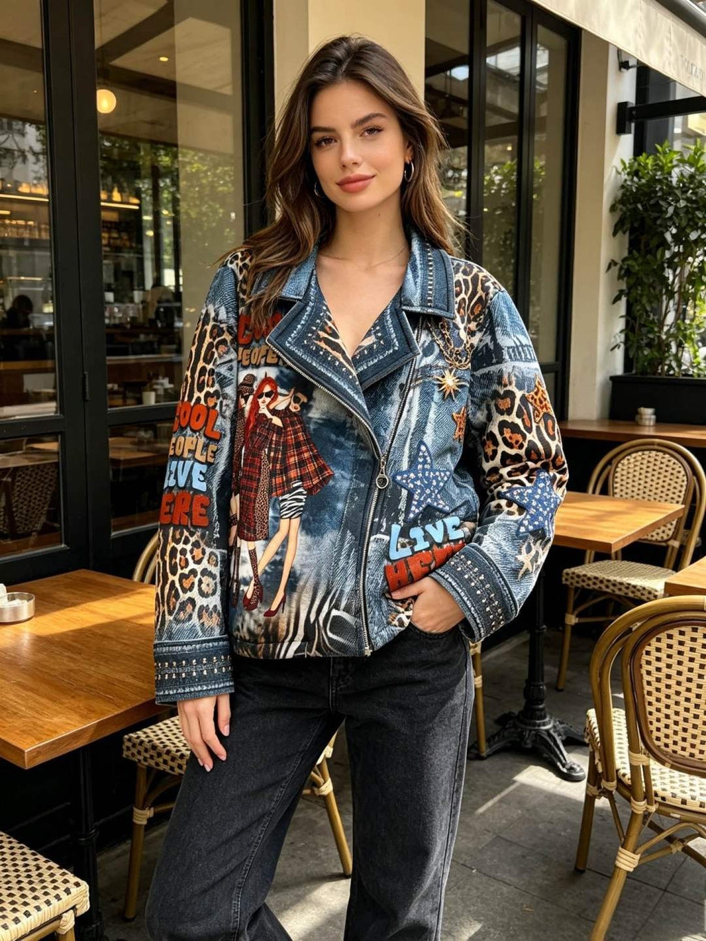 SB3 Denim Blue Rust Patchwork Moto Jacket