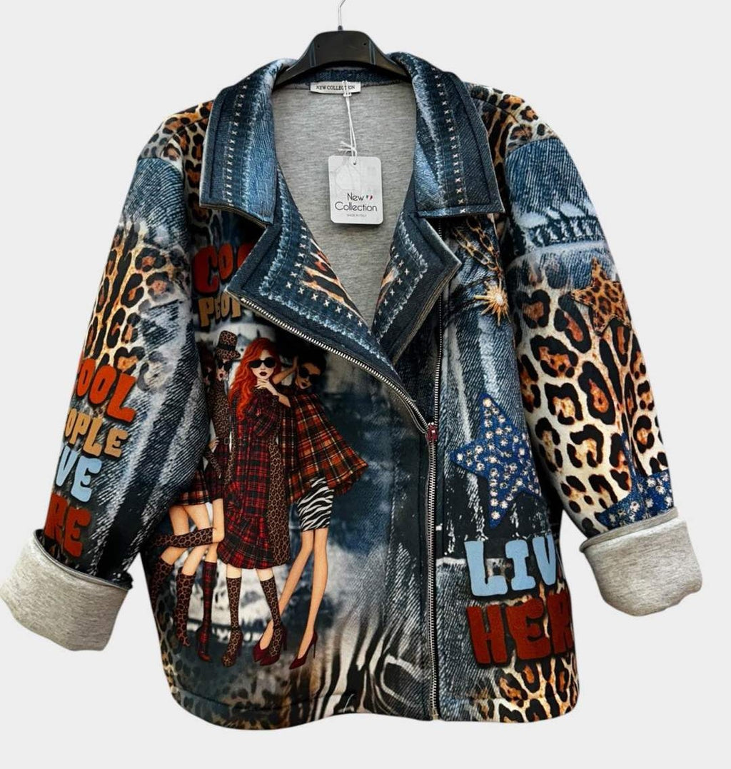 SB3 Denim Blue Rust Patchwork Moto Jacket