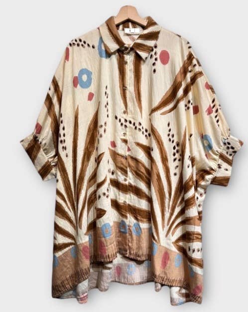 OF08 Italian Beige Oversized Button Shirt 3/4 Sleeves LOOWIE