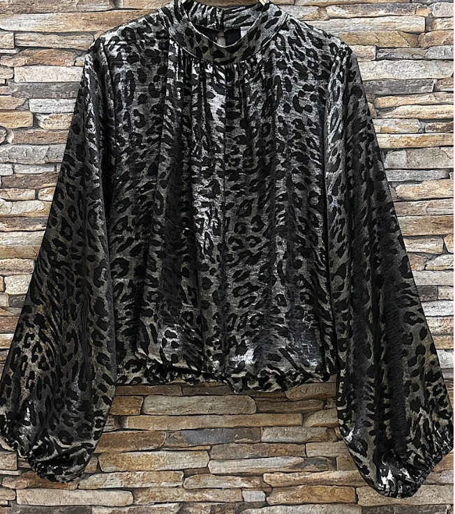 EBLLOS Italian Silver Leopard Metallic Blouse LOOWIE
