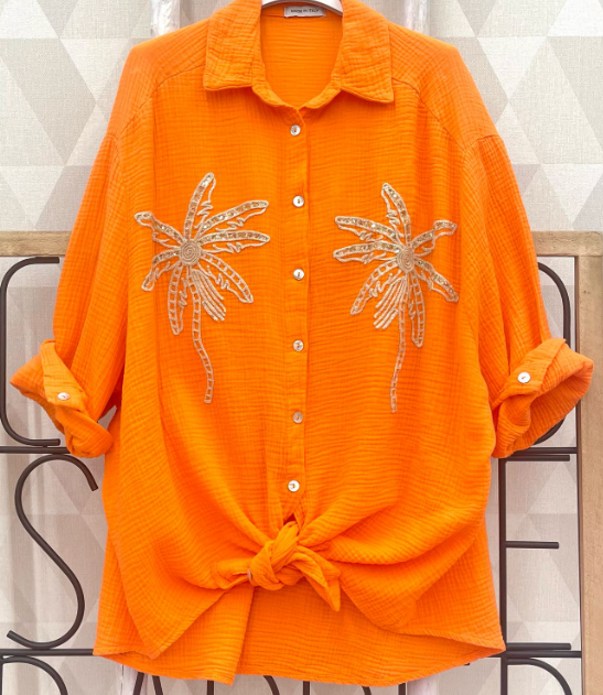 PALMO Orange Palm Trees Oversized Gauze Cotton Shirt LOOWIE