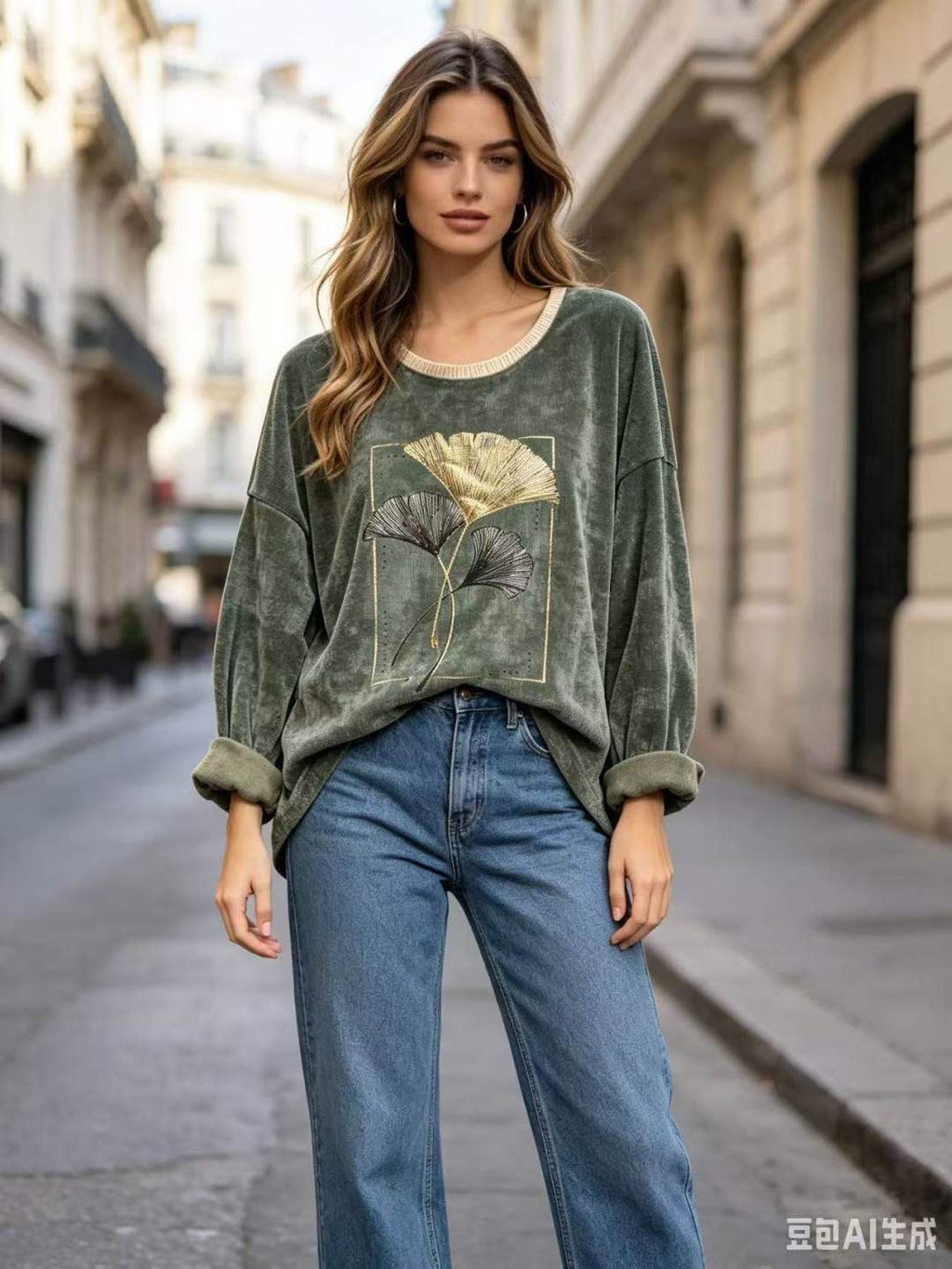CO55 Khaki Ginkgo Print Tunic