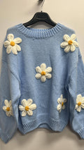 OF7 Blue Patched Daisy Floral Knitted Sweater LOOWIE