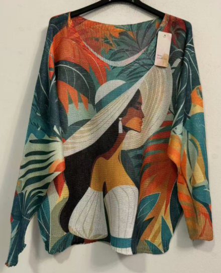 POLAD Green Lady Hat V-Neck Knit Printed Sweater LOOWIE