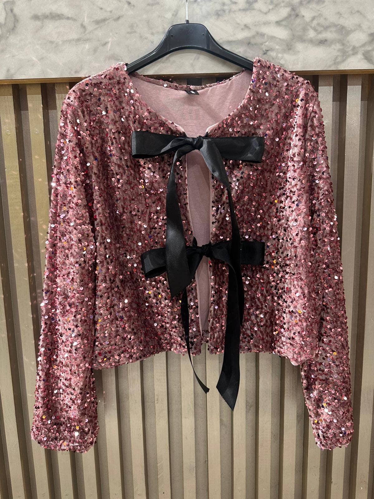 VISEQRO Italian One Size Sequin Bow-Tie Cardigan Rosé