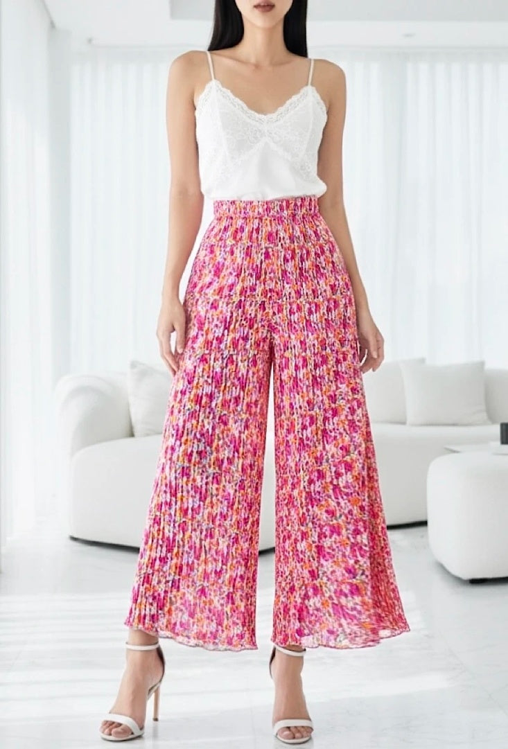 ESTRWLHPFM Italian OS Printed Wide Leg Pants Hot Pink Floral Mix