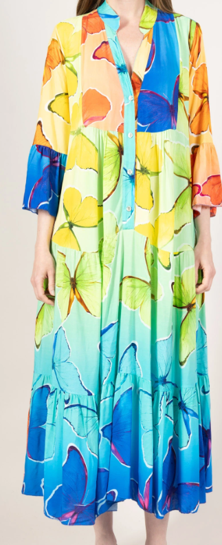 SVBY One Size Colorful Yellow Butterfly Print Maxi Dress