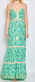 CIR131G Green Floral V-Neck Maxi Dress w/ Spaghetti Straps