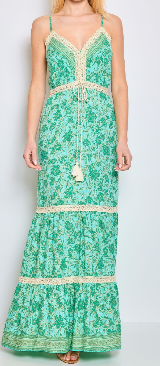 CIR131G Green Floral V-Neck Maxi Dress w/ Spaghetti Straps