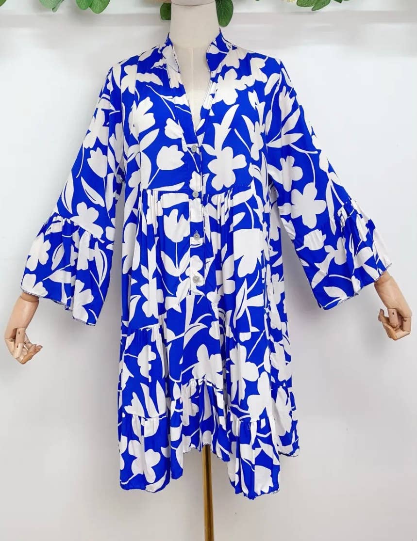 SVI4 Royal One Size Italian Floral Short Printed Dress