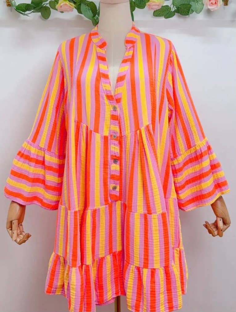SVO41 Orange One Size Italian Striped Short Printed Dress