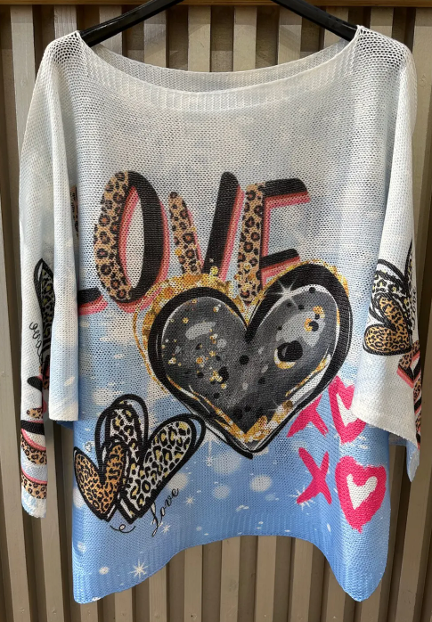 EULOVB Blue LOVE Round Neck Knit Printed Sweater