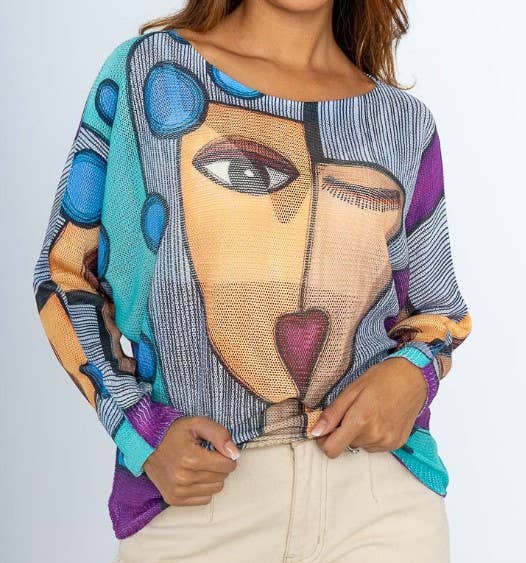 C5130 Blue "Picasso" Printed Spring Long Sleeves Sweater