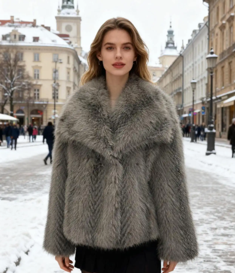 MCGLSTA One Size Parisian Luxe Chevron Faux Fur Coat - Taupe