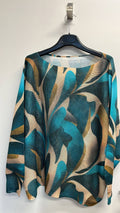 VILET Teal Leaves Round Neck Knit Printed Sweater LOOWIE