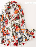 MP Floral Cream Orange Cotton Blend Scarf w/tassels LOOWIE