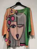 POPE Peach " Picasso" Knit Printed Sweater 3/4 sleeves