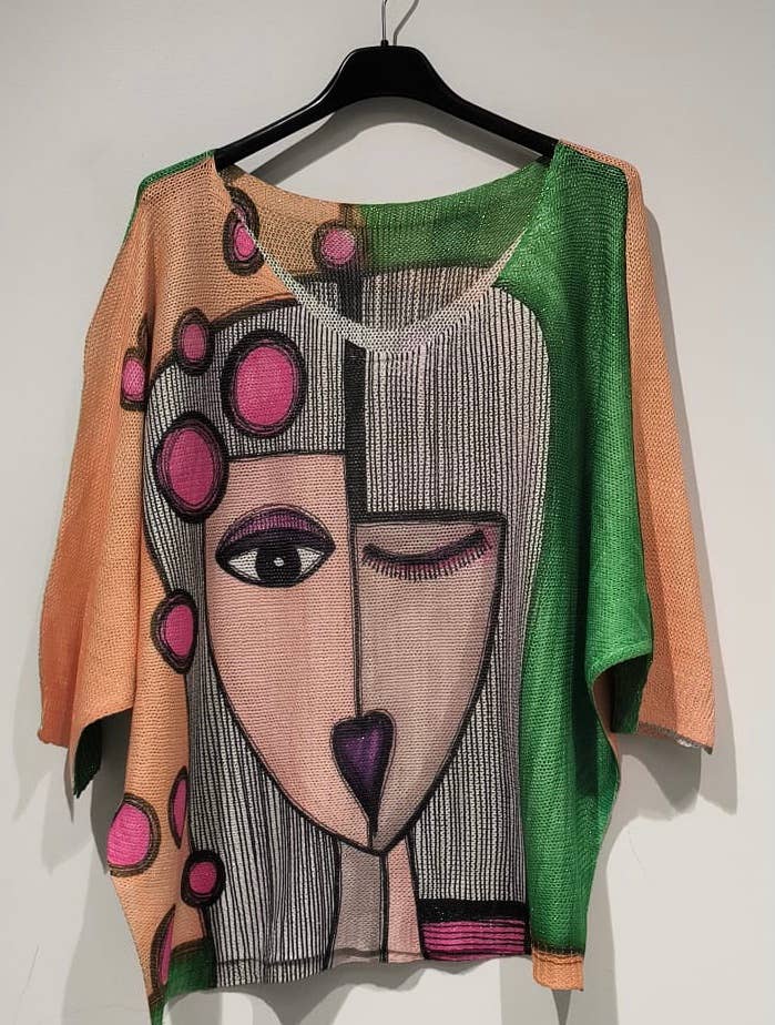 POPE Peach " Picasso" Knit Printed Sweater 3/4 sleeves