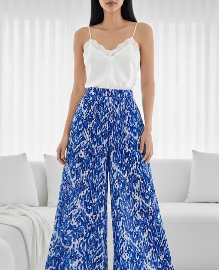 ESTRWLCBI Italian OS Printed Wide Leg Pants Cobalt Blue Ikat