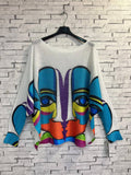 310 White Blue Picasso Style Round Knit Printed Sweater