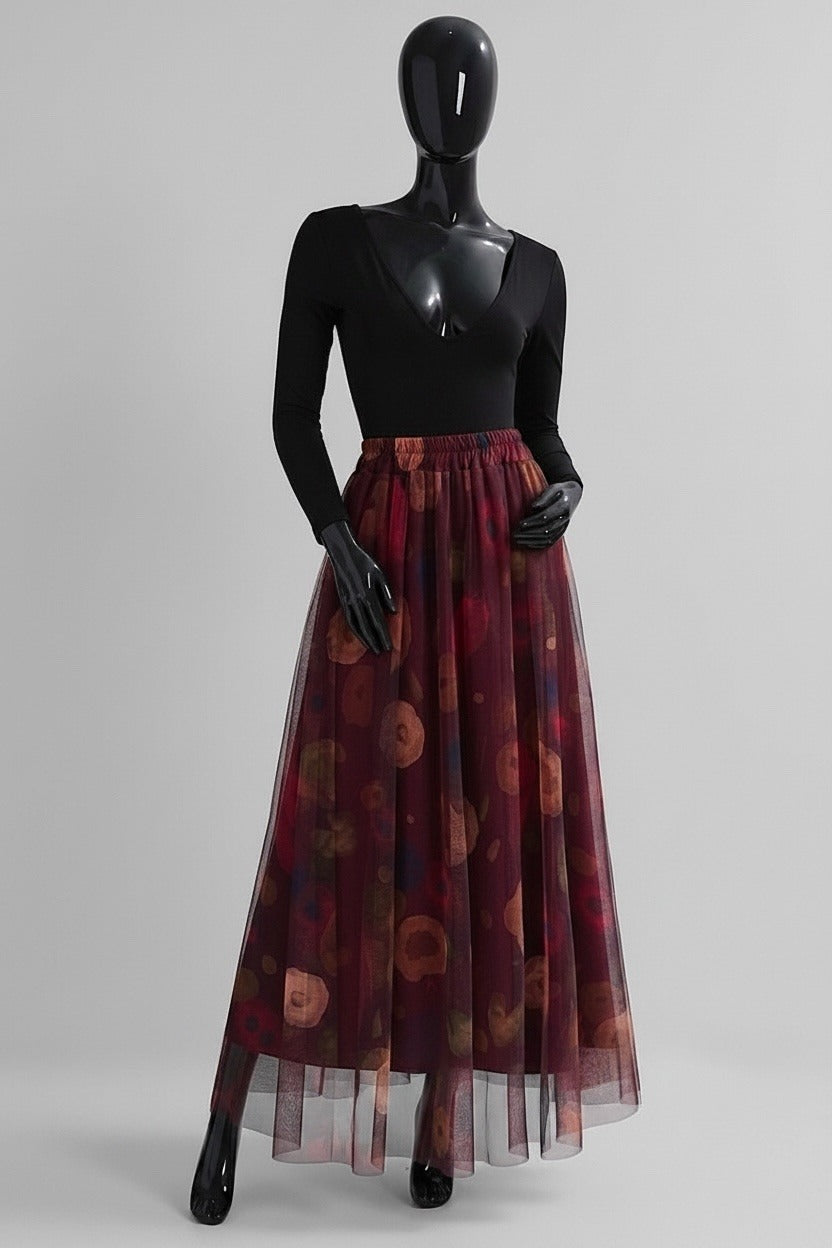ELAR13 Burgundy Abstract Floral Skirt