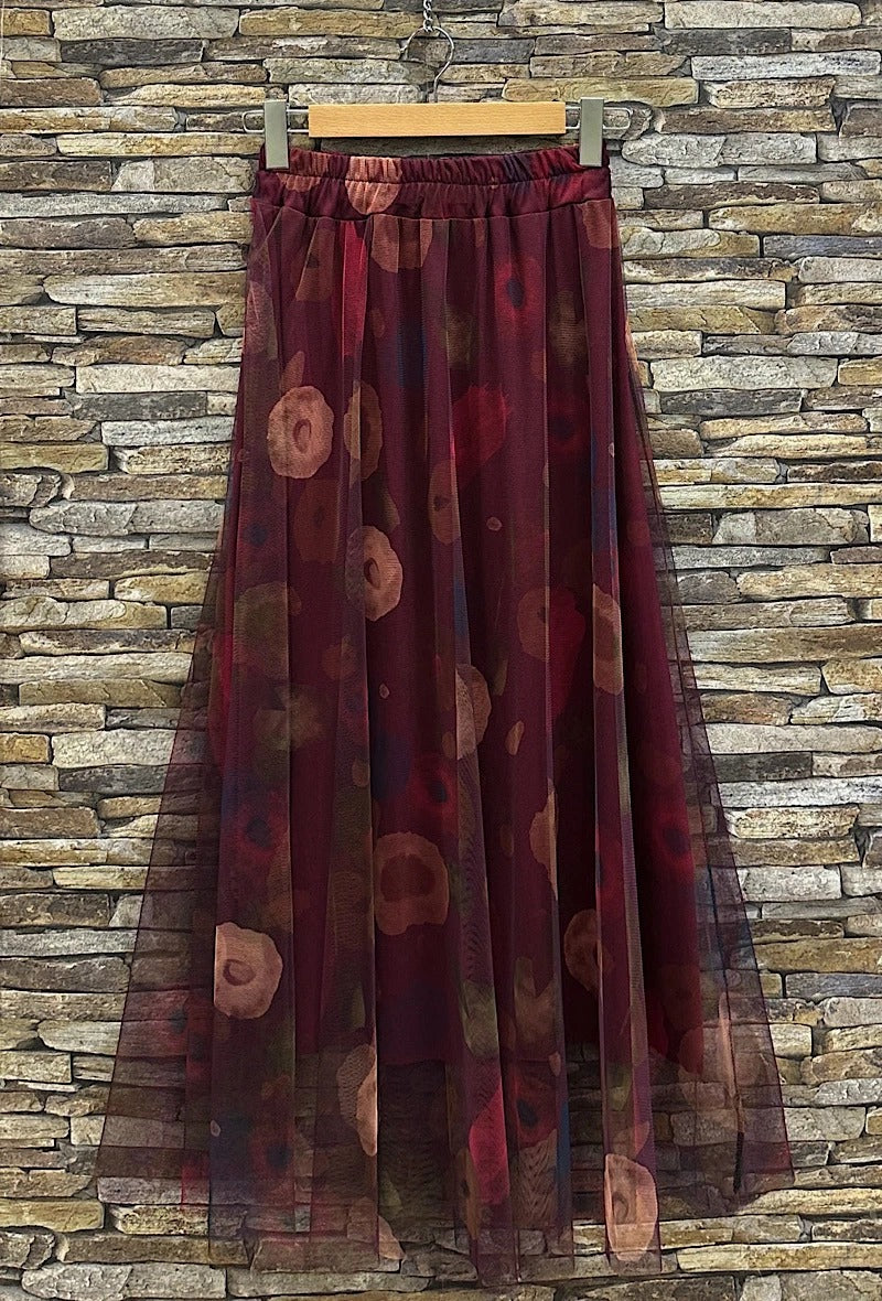 ELAR12 Burgundy Abstract Floral Skirt
