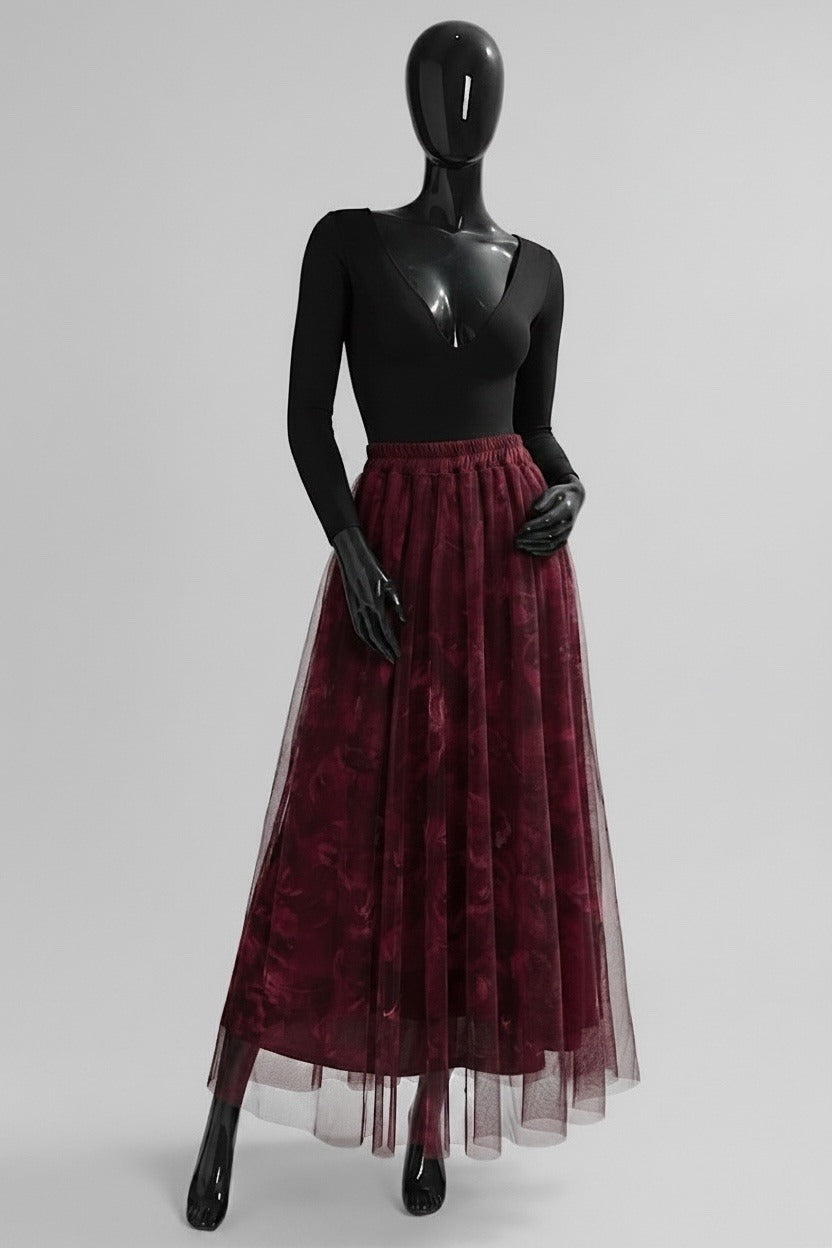 ELAR7 Burgundy Floral Print Skirt