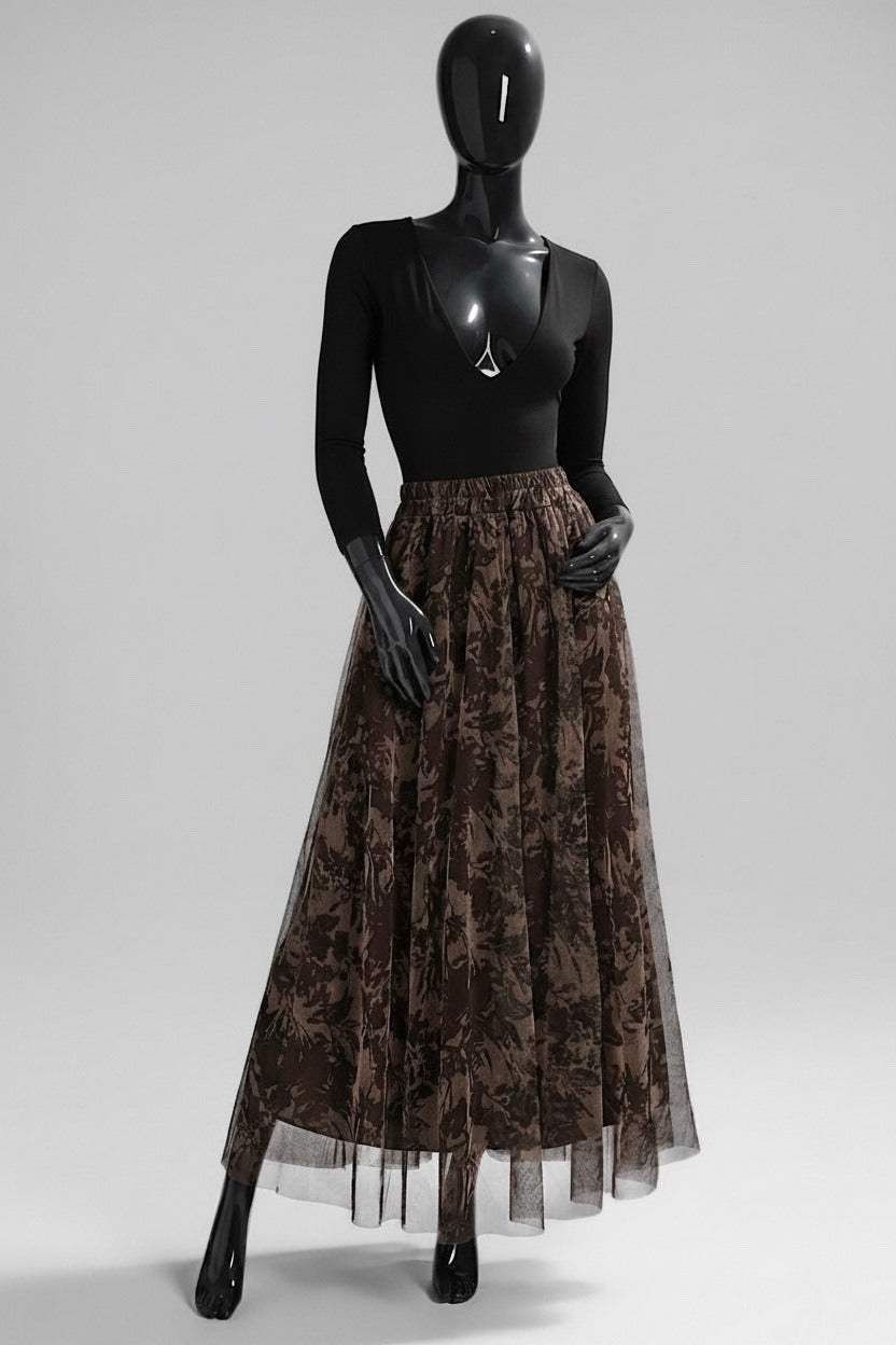 ELAR11 Dark Maroon Botanical Print Skirt