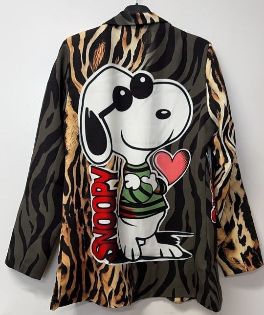 VI646 Olive Tiger Snoopy Printed Blazer