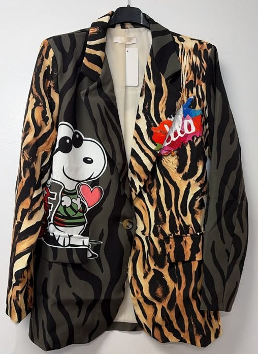 VI646 Olive Tiger Snoopy Printed Blazer