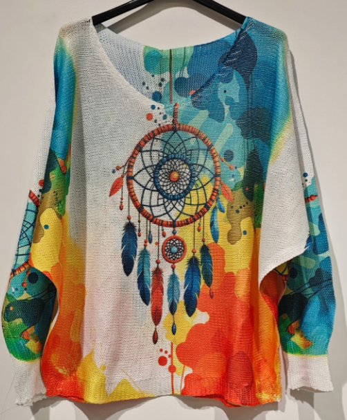 PORAI Rainbow Feathers V- Neck Printed Sweater LOOWIE