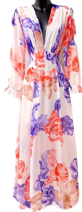 ELJURPU Italian Lined Purple Coral Floral Maxi Dress V-Neck