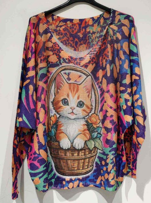 POCATB Cat in Basket Round Knit Printed Sweater LOOWIE