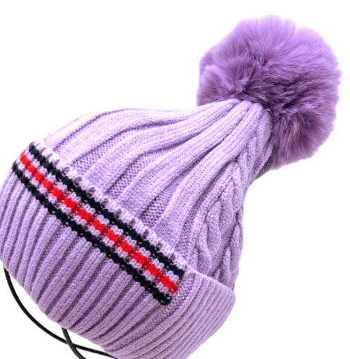 Lilac Purple 5610 Striped Fake Fur Pom Beanie Hat LOOWIE
